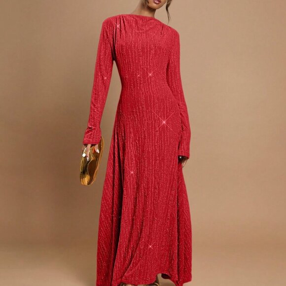 Red Party Women's Stand Collar Long Sleeve Sparkling Luxury Long Dress - Picture 3 of 5